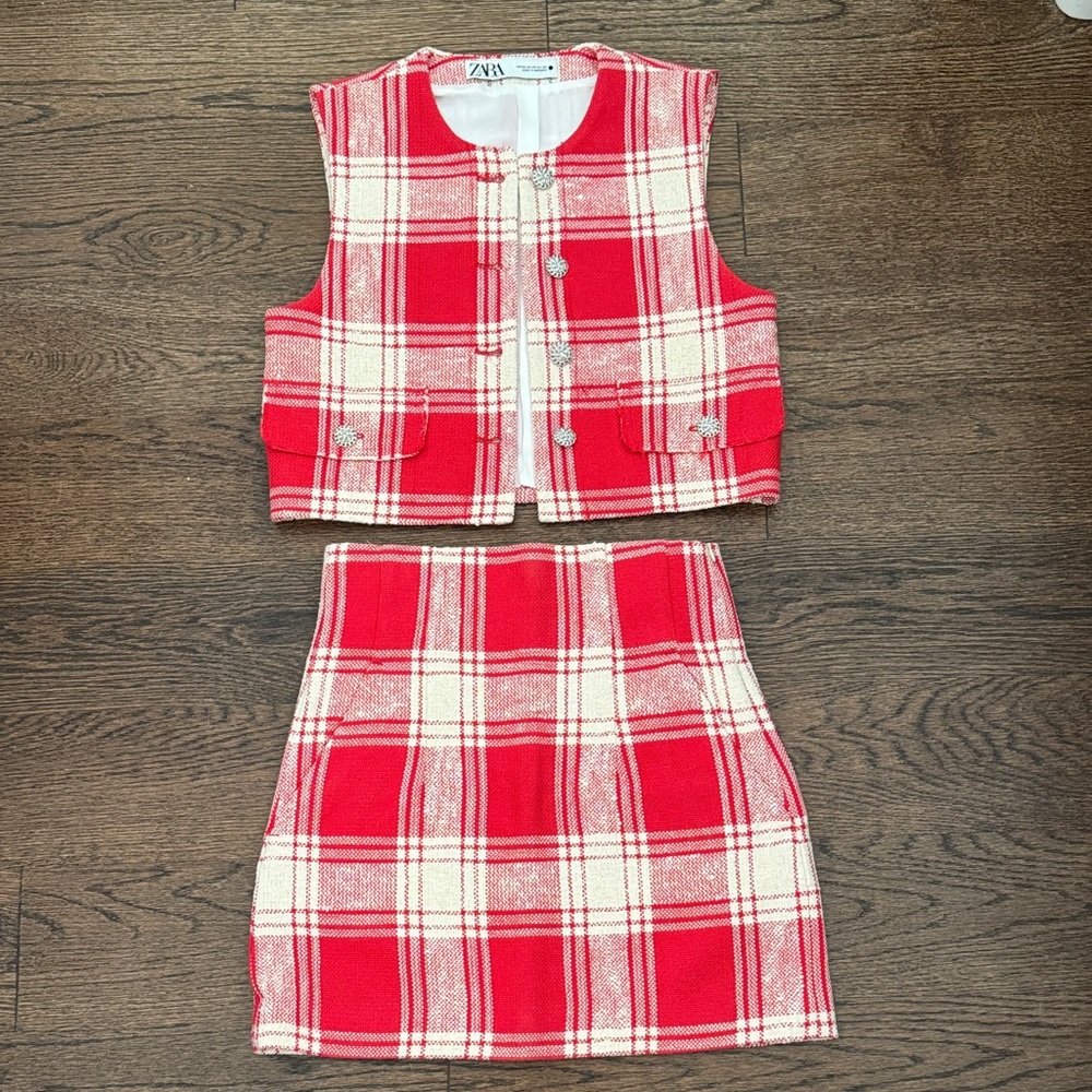 Zara Red and Cream Plaid Tweed Cropped Vest & Mini Skirt Set